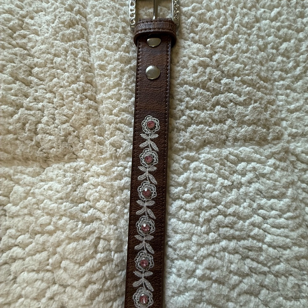 Brown Leather Belt with Floral Embroidery